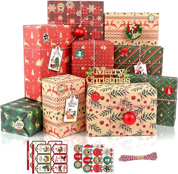 MAMUNU Weihnachten Geschenkpapier Set, 12 Blatt Geschenkpapier mit Geschenkanhänger Packseil und Aufkleber, Kraftpapier Weihnachtspapier Geschenkverpackung Papier für Weihnachten, 50 x 70 CM