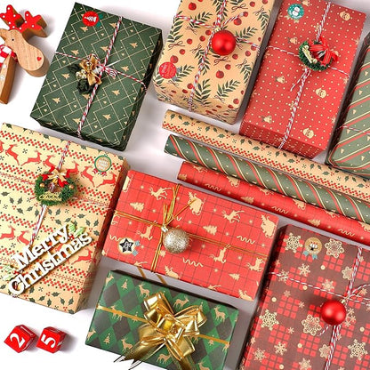 MAMUNU Weihnachten Geschenkpapier Set, 12 Blatt Geschenkpapier mit Geschenkanhänger Packseil und Aufkleber, Kraftpapier Weihnachtspapier Geschenkverpackung Papier für Weihnachten, 50 x 70 CM