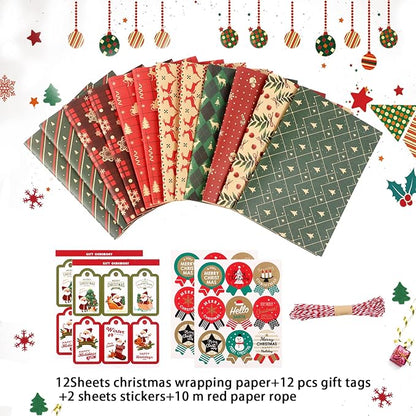 MAMUNU Weihnachten Geschenkpapier Set, 12 Blatt Geschenkpapier mit Geschenkanhänger Packseil und Aufkleber, Kraftpapier Weihnachtspapier Geschenkverpackung Papier für Weihnachten, 50 x 70 CM