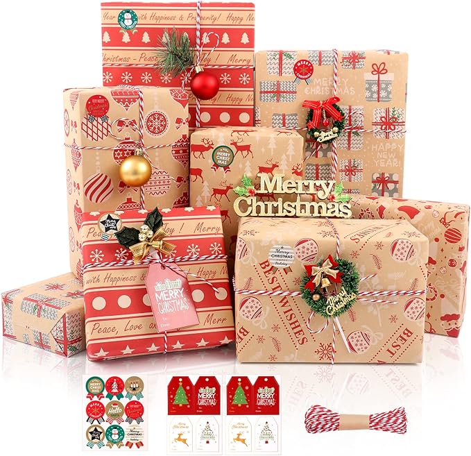 Weihnachten Geschenkpapier Set, 8 Blatt Kraftpapier Geschenkpapier - Braun Rot Design, Weihnachtspapier Set mit Aufklebern Tags und Papierseilen, Weihnachtspapiere für Geschenke Party Deko, 70x50cm