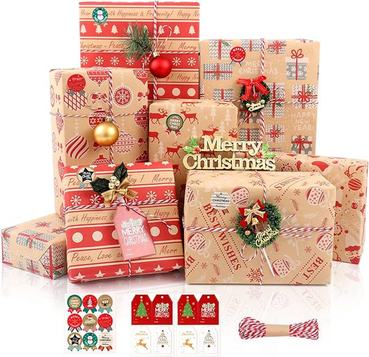 Weihnachten Geschenkpapier Set, 8 Blatt Kraftpapier Geschenkpapier - Braun Rot Design, Weihnachtspapier Set mit Aufklebern Tags und Papierseilen, Weihnachtspapiere für Geschenke Party Deko, 70x50cm