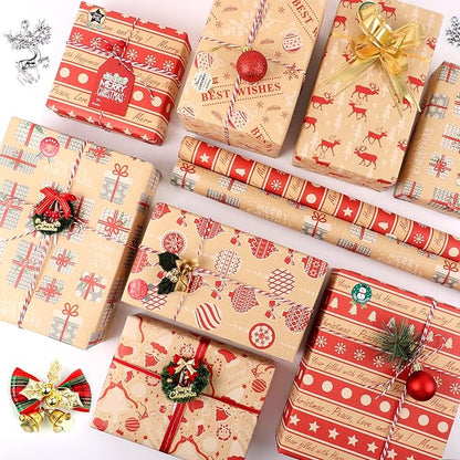 Weihnachten Geschenkpapier Set, 8 Blatt Kraftpapier Geschenkpapier - Braun Rot Design, Weihnachtspapier Set mit Aufklebern Tags und Papierseilen, Weihnachtspapiere für Geschenke Party Deko, 70x50cm