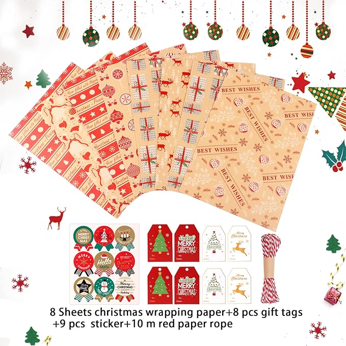 Weihnachten Geschenkpapier Set, 8 Blatt Kraftpapier Geschenkpapier - Braun Rot Design, Weihnachtspapier Set mit Aufklebern Tags und Papierseilen, Weihnachtspapiere für Geschenke Party Deko, 70x50cm