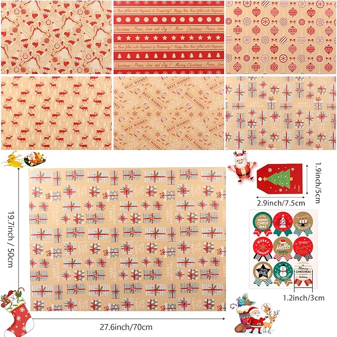 Weihnachten Geschenkpapier Set, 8 Blatt Kraftpapier Geschenkpapier - Braun Rot Design, Weihnachtspapier Set mit Aufklebern Tags und Papierseilen, Weihnachtspapiere für Geschenke Party Deko, 70x50cm