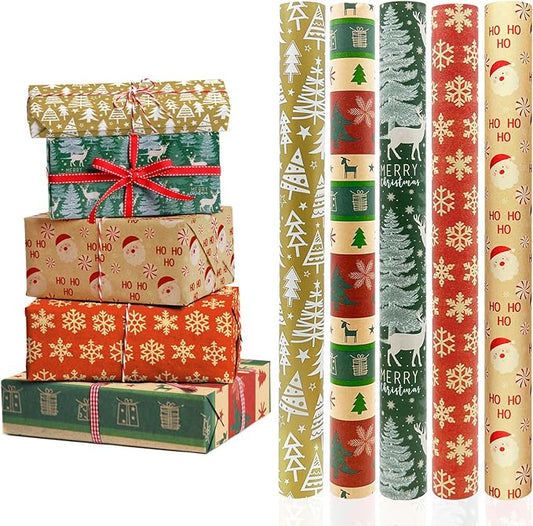 NADSSJL Geschenkpapier Weihnachten, 43 cm x 3 m Weihnachtsgeschenkpapierrolle, 5 Rollen Weihnachtsgeschenkpapier für Geschenkboxen Geschenkverpackung Weihnachtsdekoration