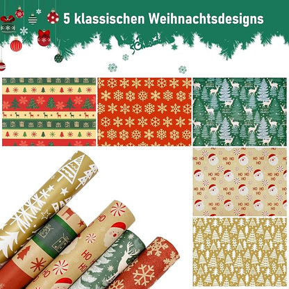 NADSSJL Geschenkpapier Weihnachten, 43 cm x 3 m Weihnachtsgeschenkpapierrolle, 5 Rollen Weihnachtsgeschenkpapier für Geschenkboxen Geschenkverpackung Weihnachtsdekoration