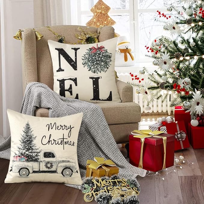 Sungeek 4er Set Weihnachten Kissenbezüge, Leinen Dekorative Zierkissenbezüge Weihnachtsmann Kissenbezug Deko Kissenhülle für Sofa Couch Schlafzimmer Wohnzimmer