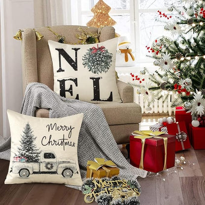 Sungeek 4er Set Weihnachten Kissenbezüge, Leinen Dekorative Zierkissenbezüge Weihnachtsmann Kissenbezug Deko Kissenhülle für Sofa Couch Schlafzimmer Wohnzimmer