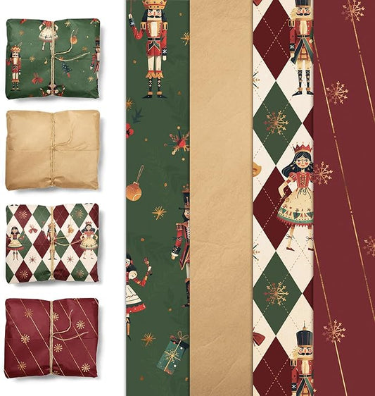 NICROLANDEE Vintage Weihnachtsgeschenkpapier, Grün Rot Weihnachten Seidenpapier Geschenkpapier, Gold Folie Schneeflocken Geschenkpapier für Weihnachten Neujahr Geburtstage Hochzeiten, 50 x 38 CM