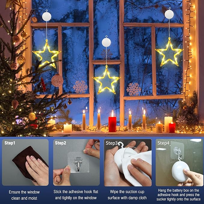 BrizLabs Weihnachtsdeko Fenster Lichter, 2 Stück 10 LED Sterne Weihnachtsbeleuchtung Batterie Innen Weihnachtsstern Lichterkette mit Timer Saugnäpfe für Aussen Balkon Tür Party Hochzeit Deko, Warmweiß