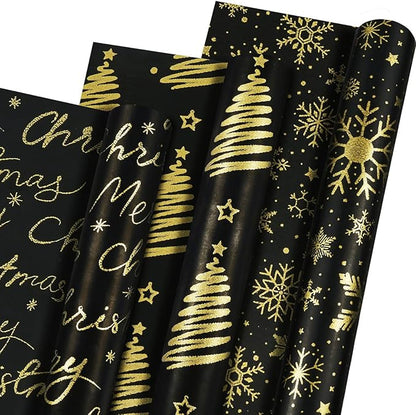 Geschenkpapier Weihnachten, 3 Rollen Schwarz-Goldene Weihnachts-Geschenkpapierrolle mit matte Goldfolie，Schneeflocken Weihnacht Weihnachtsbaum Geschenkpapier, 43cm x 300cm pro Rolle