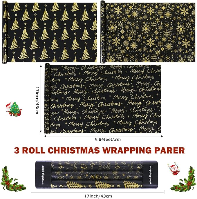 Geschenkpapier Weihnachten, 3 Rollen Schwarz-Goldene Weihnachts-Geschenkpapierrolle mit matte Goldfolie，Schneeflocken Weihnacht Weihnachtsbaum Geschenkpapier, 43cm x 300cm pro Rolle