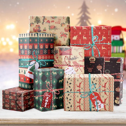 12 Stück Geschenkpapier Weihnachten 70x50cm Weihnachtspapier Recycelbares, Nature Kraftpapier mit 30 Geschenkkarten und 2 Rollen 11m Baumwollseil, Geschenkverpackung für Heiligabend Xmas Geschenk