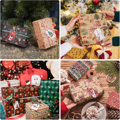 12 Stück Geschenkpapier Weihnachten 70x50cm Weihnachtspapier Recycelbares, Nature Kraftpapier mit 30 Geschenkkarten und 2 Rollen 11m Baumwollseil, Geschenkverpackung für Heiligabend Xmas Geschenk