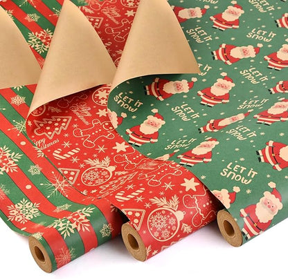 AhfuLife 3 Rollen Geschenkpapier Weihnachten Set, 43cm x 10m Weihnachtspapier Set, Nature Kraftpapier Weihnachtsgeschenkpapier für Weihnachten Geburtstag Verpackung (Weihnachtsmann/Ingwermann/Schnee)