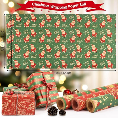 AhfuLife 3 Rollen Geschenkpapier Weihnachten Set, 43cm x 10m Weihnachtspapier Set, Nature Kraftpapier Weihnachtsgeschenkpapier für Weihnachten Geburtstag Verpackung (Weihnachtsmann/Ingwermann/Schnee)