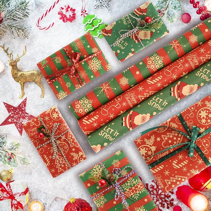 AhfuLife 3 Rollen Geschenkpapier Weihnachten Set, 43cm x 10m Weihnachtspapier Set, Nature Kraftpapier Weihnachtsgeschenkpapier für Weihnachten Geburtstag Verpackung (Weihnachtsmann/Ingwermann/Schnee)