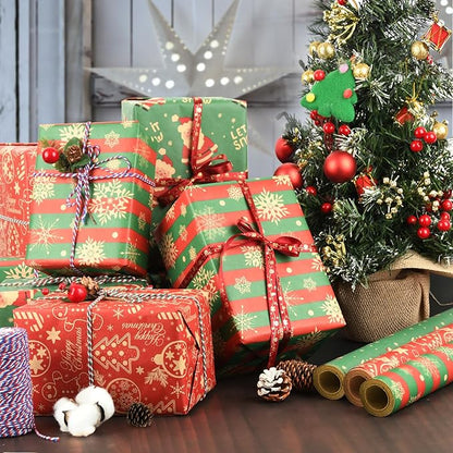 AhfuLife 3 Rollen Geschenkpapier Weihnachten Set, 43cm x 10m Weihnachtspapier Set, Nature Kraftpapier Weihnachtsgeschenkpapier für Weihnachten Geburtstag Verpackung (Weihnachtsmann/Ingwermann/Schnee)