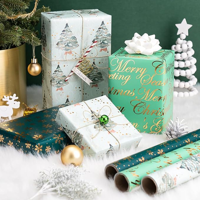 RUSPEPA Weihnachts-Geschenkpapierrolle –3 Rollen–43,2 x 305 cm pro Rolle–Schriftzug „Grüner Weihnachtsbaum“, „Schneeflocke“ und „Festliche Wünsche“, Weihnachtskollektion mit metallischem