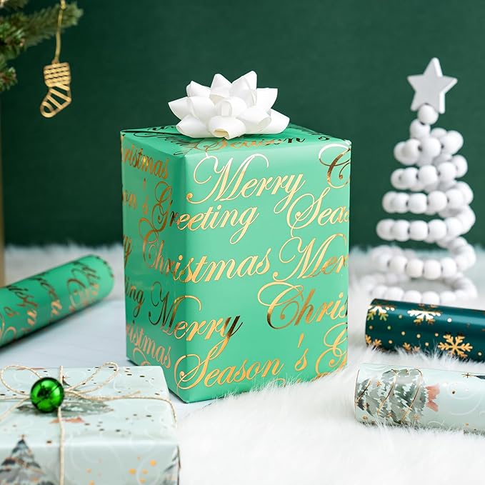 RUSPEPA Weihnachts-Geschenkpapierrolle –3 Rollen–43,2 x 305 cm pro Rolle–Schriftzug „Grüner Weihnachtsbaum“, „Schneeflocke“ und „Festliche Wünsche“, Weihnachtskollektion mit metallischem