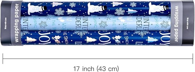 RUSPEPA Weihnachts-Geschenkpapierrolle – 3 Rollen – 43,2 x 305 cm pro Rolle – Blaue und weiße Winterwunderland-, Schneeflocken- und Schneemann-Ferienkollektion mit metallischem Folienglanz