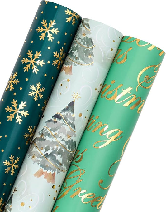 RUSPEPA Weihnachts-Geschenkpapierrolle –3 Rollen–43,2 x 305 cm pro Rolle–Schriftzug „Grüner Weihnachtsbaum“, „Schneeflocke“ und „Festliche Wünsche“, Weihnachtskollektion mit metallischem