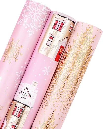 RUSPEPA Weihnachts-Geschenkpapierrolle – Mini-Rolle – 3 Rollen – 43,2 cm x 3 m pro Rolle – rosa und goldenes Haus, Weihnachtsbaum, Schneeflocken-Ferienkollektion mit metallischem Folienglanz