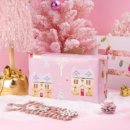 RUSPEPA Weihnachts-Geschenkpapierrolle – Mini-Rolle – 3 Rollen – 43,2 cm x 3 m pro Rolle – rosa und goldenes Haus, Weihnachtsbaum, Schneeflocken-Ferienkollektion mit metallischem Folienglanz