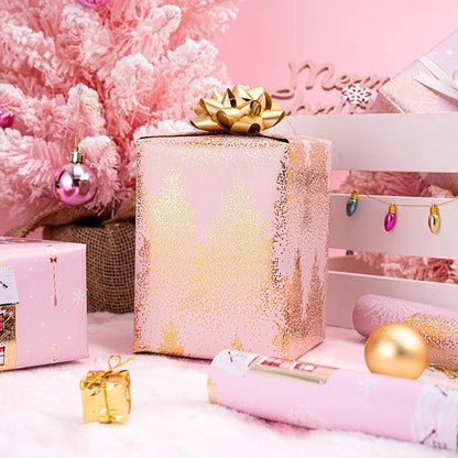 RUSPEPA Weihnachts-Geschenkpapierrolle – Mini-Rolle – 3 Rollen – 43,2 cm x 3 m pro Rolle – rosa und goldenes Haus, Weihnachtsbaum, Schneeflocken-Ferienkollektion mit metallischem Folienglanz