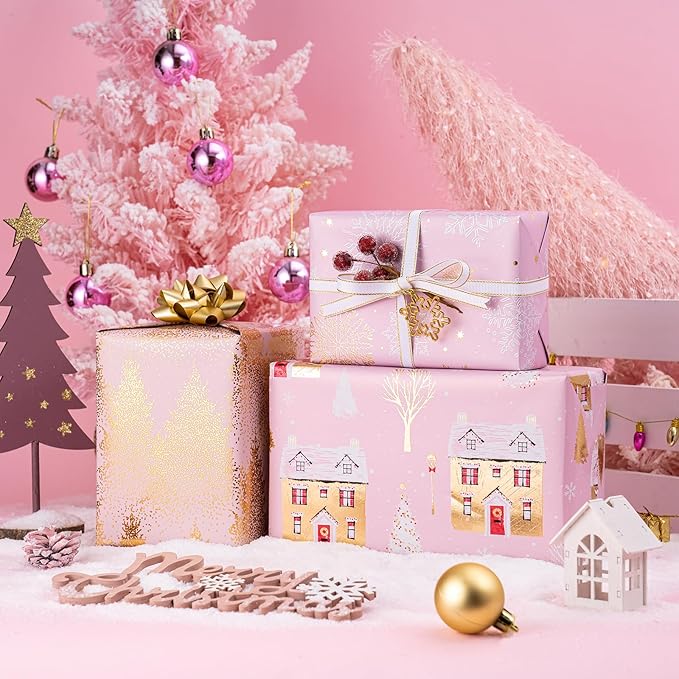 RUSPEPA Weihnachts-Geschenkpapierrolle – Mini-Rolle – 3 Rollen – 43,2 cm x 3 m pro Rolle – rosa und goldenes Haus, Weihnachtsbaum, Schneeflocken-Ferienkollektion mit metallischem Folienglanz