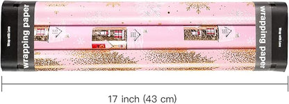 RUSPEPA Weihnachts-Geschenkpapierrolle – Mini-Rolle – 3 Rollen – 43,2 cm x 3 m pro Rolle – rosa und goldenes Haus, Weihnachtsbaum, Schneeflocken-Ferienkollektion mit metallischem Folienglanz