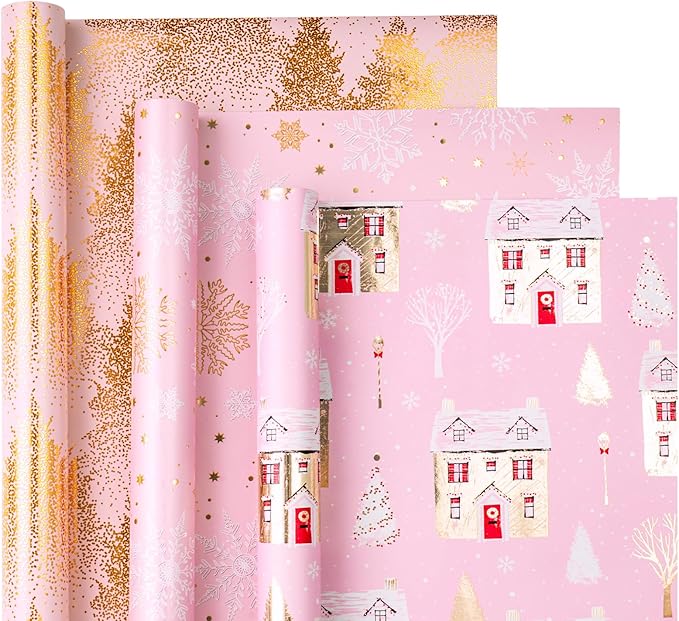 RUSPEPA Weihnachts-Geschenkpapierrolle – Mini-Rolle – 3 Rollen – 43,2 cm x 3 m pro Rolle – rosa und goldenes Haus, Weihnachtsbaum, Schneeflocken-Ferienkollektion mit metallischem Folienglanz