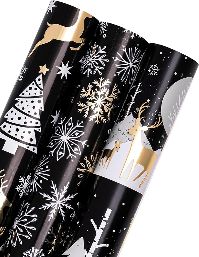 RUSPEPA Weihnachts-Geschenkpapierrolle – Mini-Rolle – 3 Rollen – 43,2 x 305 cm pro Rolle – schwarz-goldene Rentierfamilie, Schneeflocken-Weihnachtskollektion mit metallischem Folienglanz