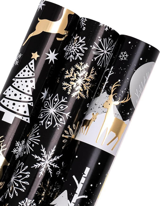 RUSPEPA Weihnachts-Geschenkpapierrolle – Mini-Rolle – 3 Rollen – 43,2 x 305 cm pro Rolle – schwarz-goldene Rentierfamilie, Schneeflocken-Weihnachtskollektion mit metallischem Folienglanz