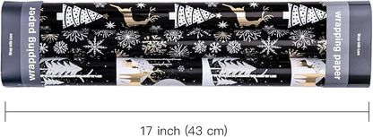 RUSPEPA Weihnachts-Geschenkpapierrolle – Mini-Rolle – 3 Rollen – 43,2 x 305 cm pro Rolle – schwarz-goldene Rentierfamilie, Schneeflocken-Weihnachtskollektion mit metallischem Folienglanz