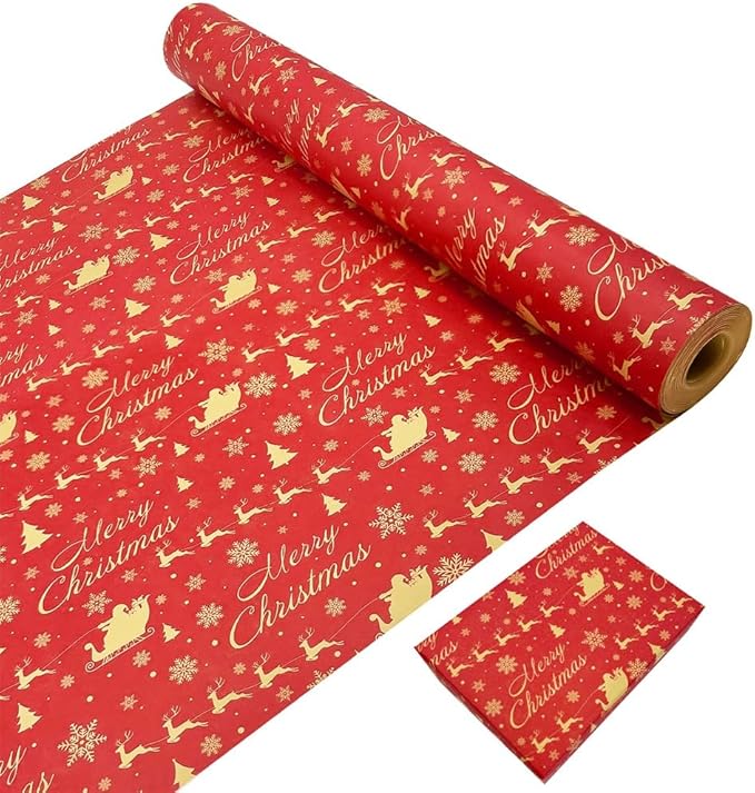 Rollenpaket Weihnachtsgeschenkpapier, 43 cm x 20 m, recycelbares Kraftpapier, bedruckt mit Weihnachtsmann und Elch. Kraftpapierrolle für Weihnachten, Geburtstag, Hochzeit, Geschenkpapier