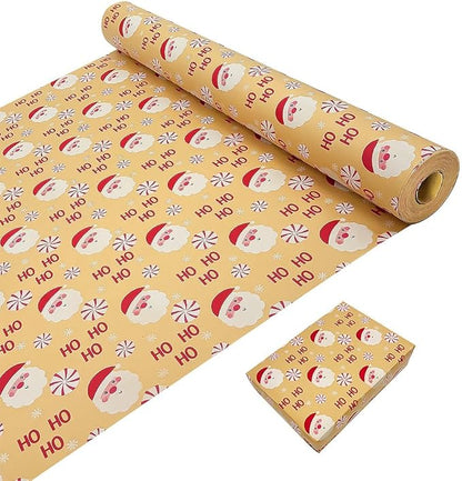 43 cm × 20 m Weihnachtsgeschenkpapierrolle, Kraftpapier bedruckt mit Weihnachtsmann, recycelbare Kraftpapierrolle für Weihnachten, Geburtstag, Hochzeit, Geschenkpapier