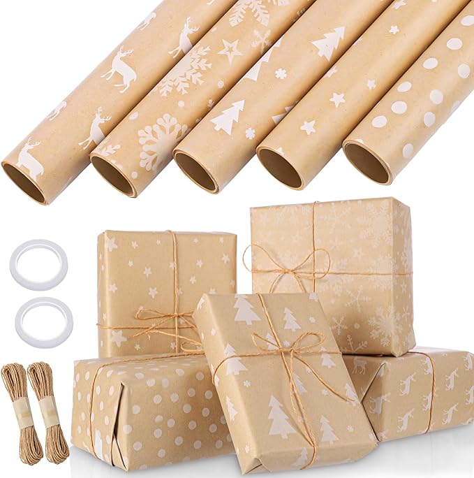 5 Rollen Geschenkpapier Weihnachten, 3mx43cm Weihnachtsgeschenkpapier Rollen Weihnachtspapier Geschenkpapier mit Hanfseil Kraftpapier Rolle für Geschenkverpackung Weihnachten (5 Stile)