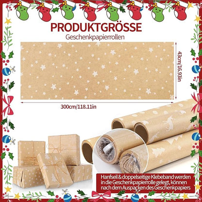 5 Rollen Geschenkpapier Weihnachten, 3mx43cm Weihnachtsgeschenkpapier Rollen Weihnachtspapier Geschenkpapier mit Hanfseil Kraftpapier Rolle für Geschenkverpackung Weihnachten (5 Stile)