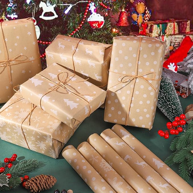 5 Rollen Geschenkpapier Weihnachten, 3mx43cm Weihnachtsgeschenkpapier Rollen Weihnachtspapier Geschenkpapier mit Hanfseil Kraftpapier Rolle für Geschenkverpackung Weihnachten (5 Stile)