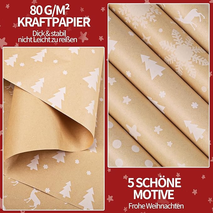 5 Rollen Geschenkpapier Weihnachten, 3mx43cm Weihnachtsgeschenkpapier Rollen Weihnachtspapier Geschenkpapier mit Hanfseil Kraftpapier Rolle für Geschenkverpackung Weihnachten (5 Stile)