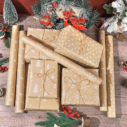 5 Rollen Geschenkpapier Weihnachten, 3mx43cm Weihnachtsgeschenkpapier Rollen Weihnachtspapier Geschenkpapier mit Hanfseil Kraftpapier Rolle für Geschenkverpackung Weihnachten (5 Stile)