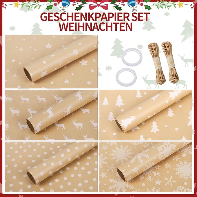 5 Rollen Geschenkpapier Weihnachten, 3mx43cm Weihnachtsgeschenkpapier Rollen Weihnachtspapier Geschenkpapier mit Hanfseil Kraftpapier Rolle für Geschenkverpackung Weihnachten (5 Stile)