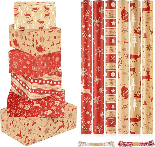 CHEPULA Geschenkpapier Weihnachten 6 Rollen, 300cm x 43cm Weihnachtspapier Recycelbares, Nature Kraftpapier Weihnachtsgeschenkpapier, Weihnachts Geschenkpapier Kinder Geschenkverpackung für Geschenk