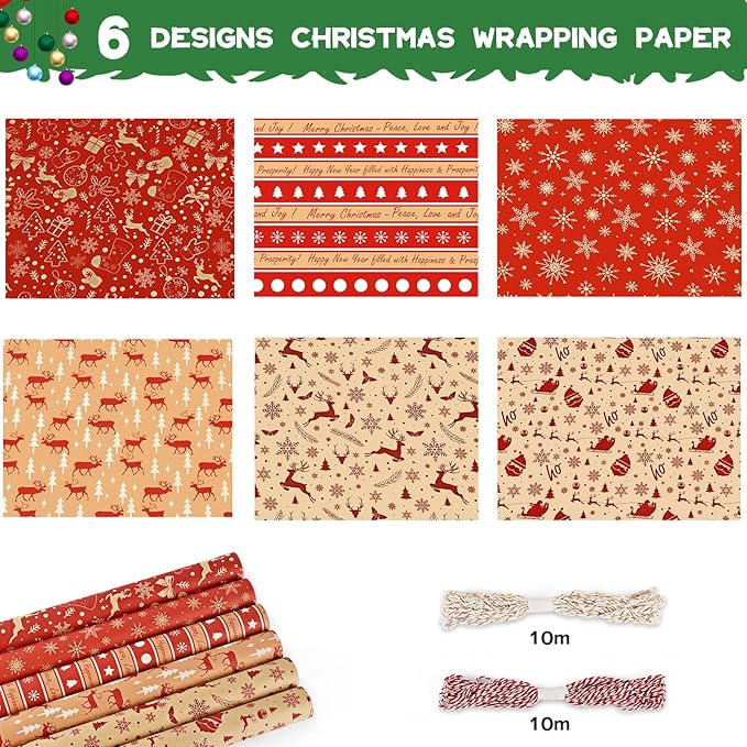 CHEPULA Geschenkpapier Weihnachten 6 Rollen, 300cm x 43cm Weihnachtspapier Recycelbares, Nature Kraftpapier Weihnachtsgeschenkpapier, Weihnachts Geschenkpapier Kinder Geschenkverpackung für Geschenk