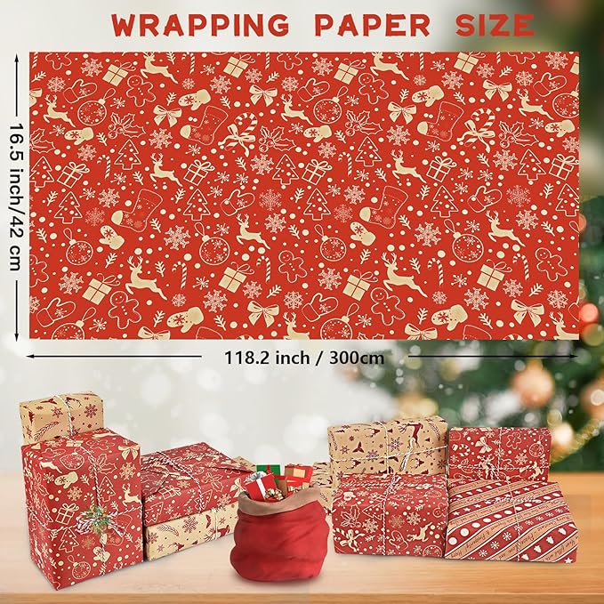 CHEPULA Geschenkpapier Weihnachten 6 Rollen, 300cm x 43cm Weihnachtspapier Recycelbares, Nature Kraftpapier Weihnachtsgeschenkpapier, Weihnachts Geschenkpapier Kinder Geschenkverpackung für Geschenk