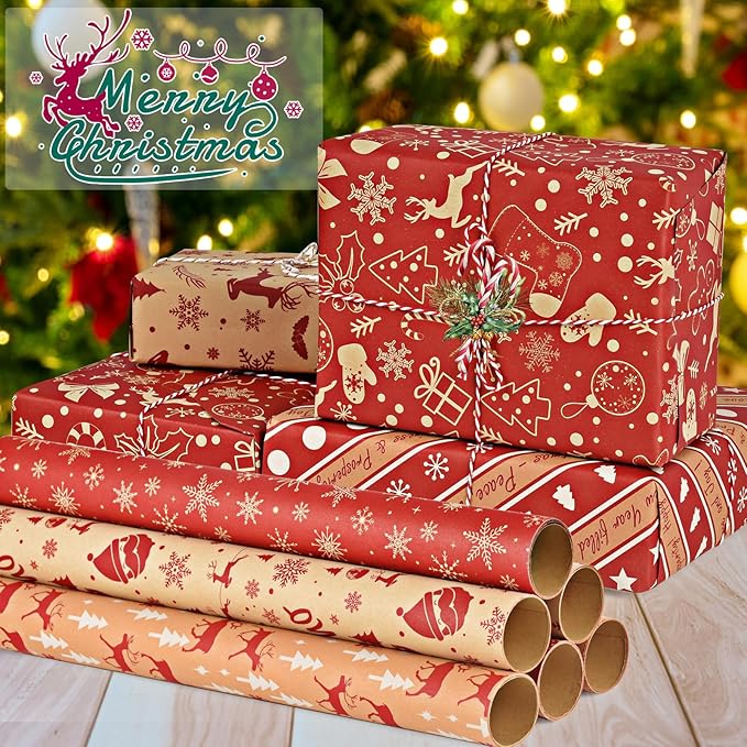 CHEPULA Geschenkpapier Weihnachten 6 Rollen, 300cm x 43cm Weihnachtspapier Recycelbares, Nature Kraftpapier Weihnachtsgeschenkpapier, Weihnachts Geschenkpapier Kinder Geschenkverpackung für Geschenk