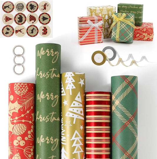 5 Rollen Geschenkpapier Weihnachten, 43 x 300cm Gold Grün Wrapping Kraftpapier, 5 Verschiedene Muster Geschenkpapierrolle, Geschenkpapier Weihnachten Set,Weihnachtspapier Set für Geschenkverpackung