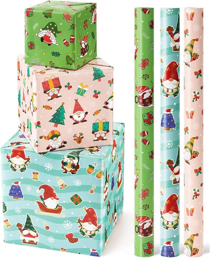 WERNNSAI Weihnachtswichtel Geschenkpapierrollen – 3 Rollen 43,2 x 304,8 cm Weihnachts Geschenkpapierrollen Kinderzwerg Weihnachts Geschenkpapier Jungen und Mädchen Weihnachtspapier mit Schnittlinien