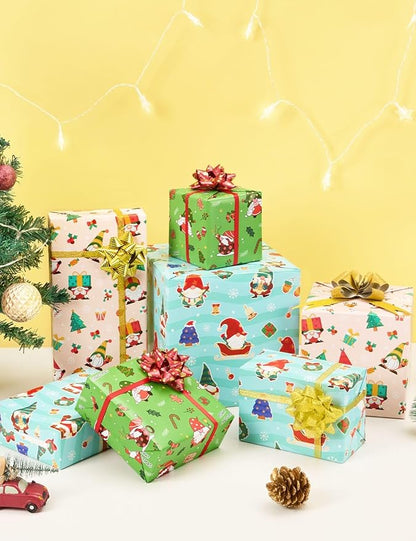 WERNNSAI Weihnachtswichtel Geschenkpapierrollen – 3 Rollen 43,2 x 304,8 cm Weihnachts Geschenkpapierrollen Kinderzwerg Weihnachts Geschenkpapier Jungen und Mädchen Weihnachtspapier mit Schnittlinien